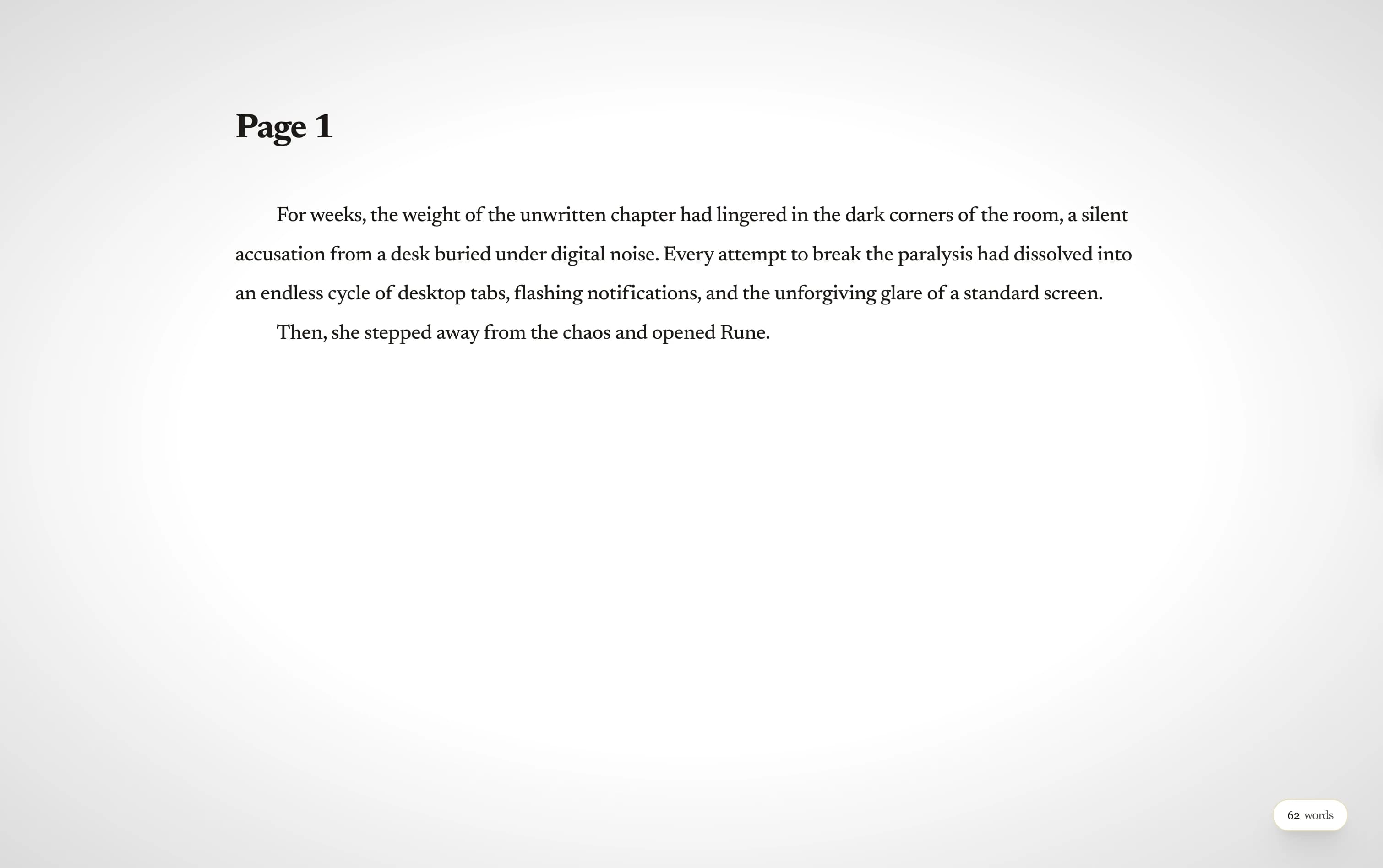 Rune Focus Mode — a distraction-free writing environment with a warm parchment canvas